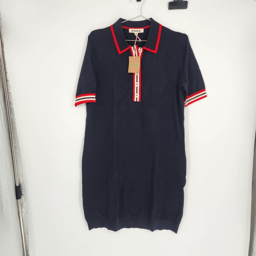 Boden Navy Blue Cotton Wool Knit Polo Dress Striped Trim US 10R D1409 NWT